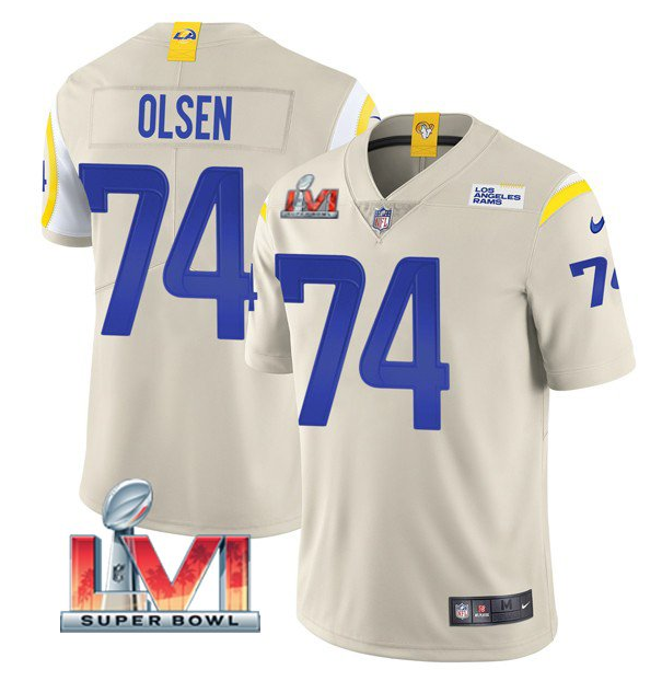 Men's Los Angeles Rams #74 Merlin Olsen 2022 Bone Super Bowl LVI Vapor Limited Stitched Jersey Men's Los Angeles Rams #74 Merlin Olsen 2022 Bone Super Bowl LVI Vapor Limited Stitched Jersey
